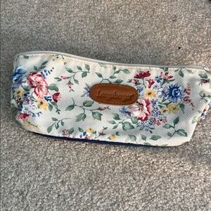Longaberger Cream Floral Canvas Cosmetic Pouch with Pink Blue Yellow Flowers